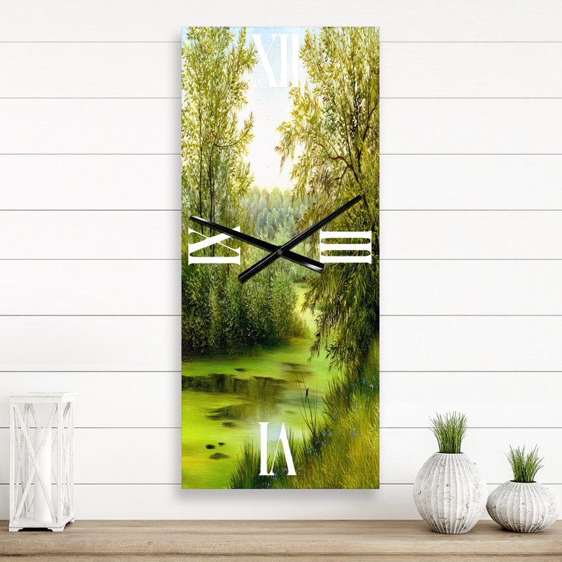 Horloge murale étang avec arbres printaniers, Grand