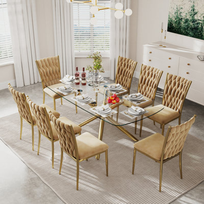 Ensemble de table de salle à manger rectangulaire de luxe moderne de 71 pouces, plateau en verre trempé avec base en métal, chaises rembourrées en velours avec pieds en métal doré, ensemble de cuisine et de salle à manger 6/7/9 pièces pour la salle à manger, le salon, le restaurant, le coin-repas, meubles contemporains Glam