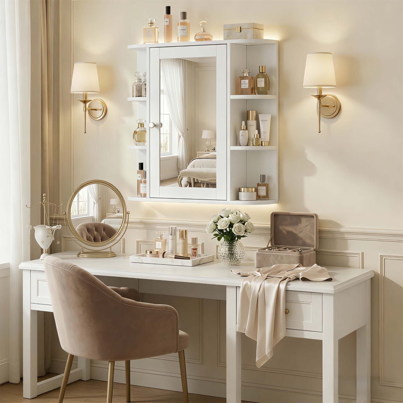 Armoire de rangement murale de salle de bain avec miroir, tablettes réglables et compartiments ouverts pour une organisation efficace