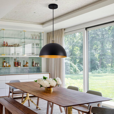 Industrial Dome Pendant Light With Matte Black And Gold Finish - Adjustable Hanging Length, Retro Style Chandelier For Kitchen Island, Bedroom, Dining Room And Living Room