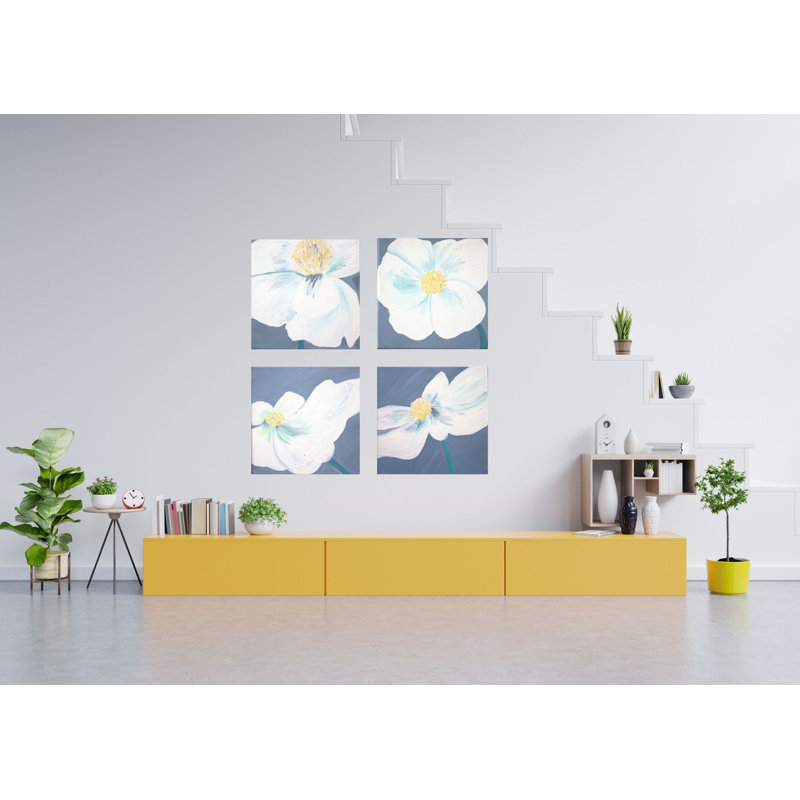 White Flowers - 4 Piece Print on Canvas, 40cm H x 40cm W x 8cm D