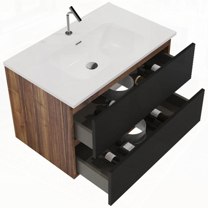 Meuble-lavabo mural avec lavabo en céramique intégré et trop-plein, Noir / brun