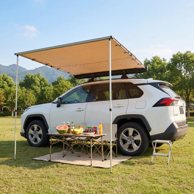 Car Side Awning, 600D Oxford UV50+ Waterproof Vehicle Awning, Quick Pull-Out Setup Telescopic Shelter, Universal Roof Rack Canopy for SUV Truck Van RV Camping Overlanding