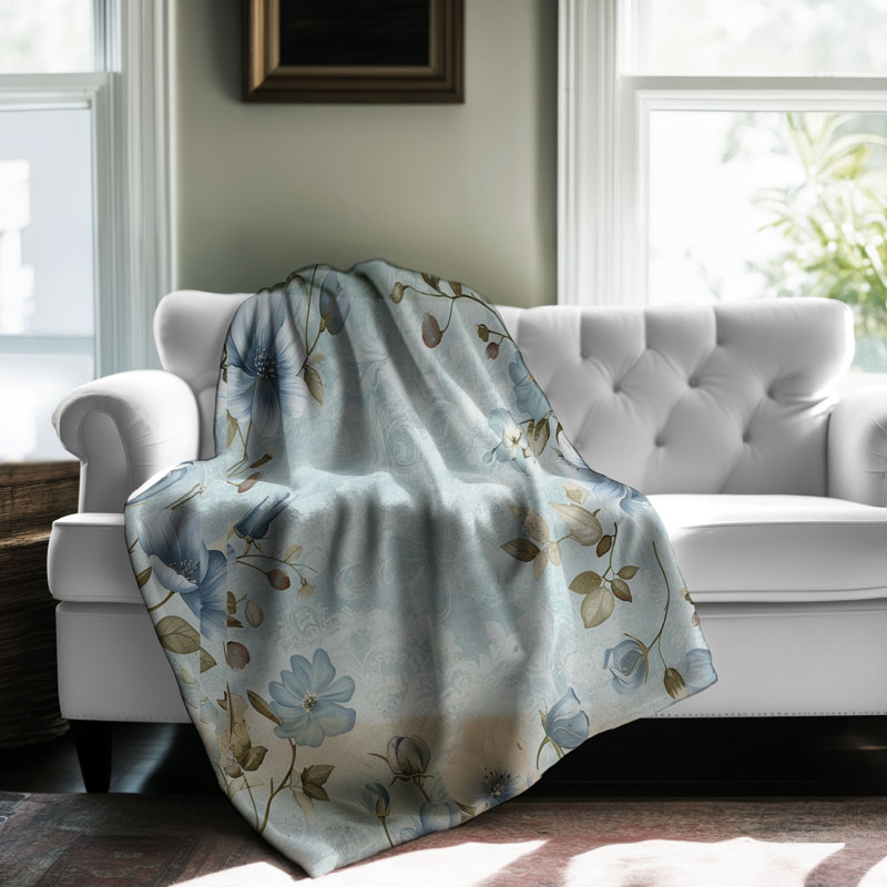 Floraux bleus vieillis - couverture en sherpa de qualité supérieure 1 pièce, Lit simple