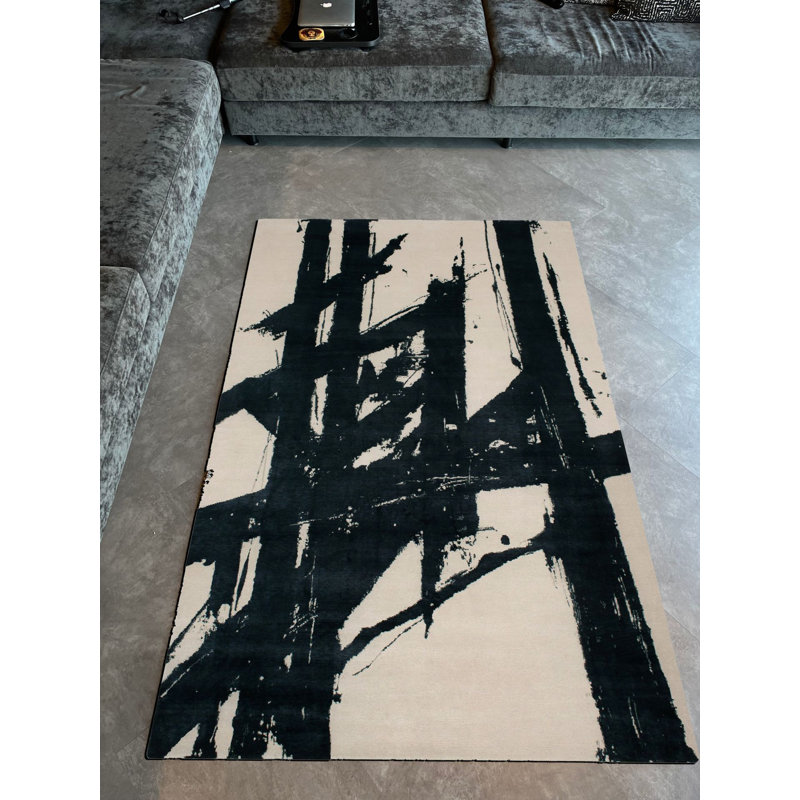 Tapis beige à motif abstrait moderne tissé noir, Rectangle 4 pi 11,06 po x 7 pi 6,55 po