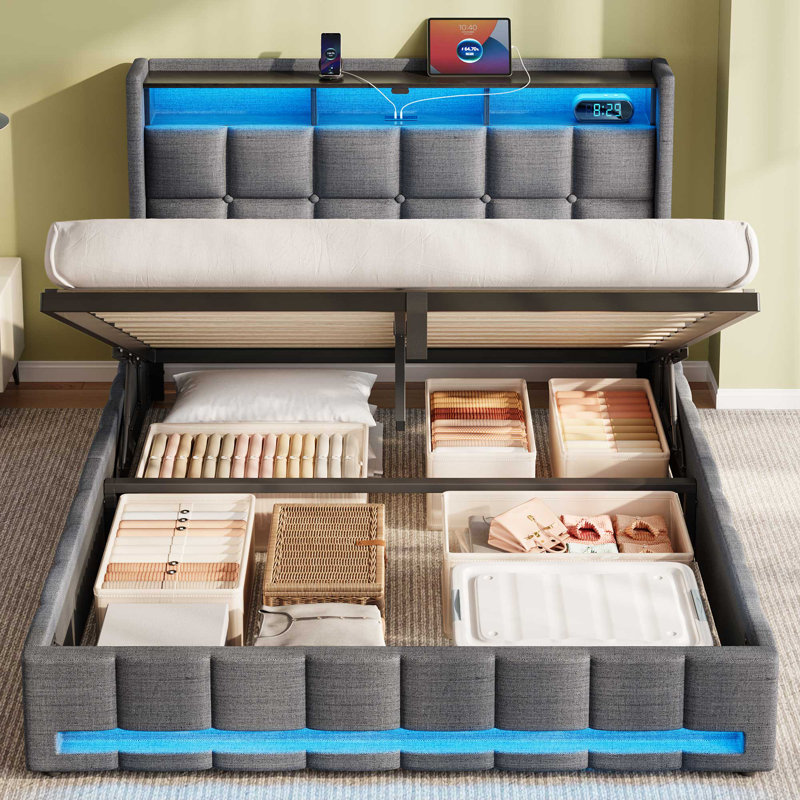 Jilissa Upholstered Bookcase Lift Up Storage Bed with Charging Station and RGB LED Lights, Queen, Gray