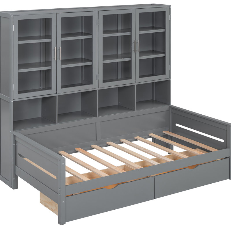 Lit de jour simple moderne avec armoire à porte en verre et ambiance à DEL, lumières de rangement spacieuses en bois gris