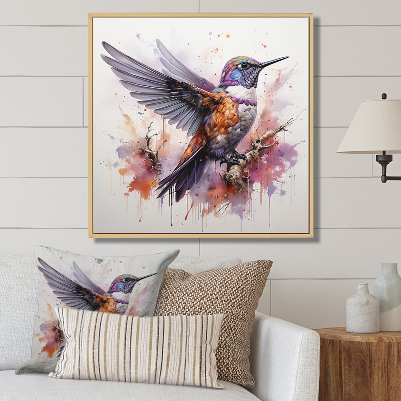 Mauve colibri mauve - Art mural colibri, Cadre flottant brun, H 30 po x l 30 po