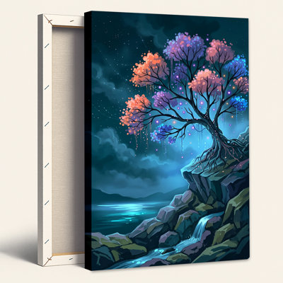 Arbre lumineux aux feuilles roses et violettes sur une falaise rocheuse - Tableau sur toile