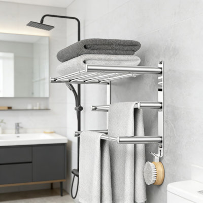 Adjustable Stainless Steel Towel Bar For Bathroom Wall Mount - No Drill Adhesive Or Screw Installation - Extendable Shower Towel Rack For Toilet Kitchen - Multi-Layer Towel Hanger