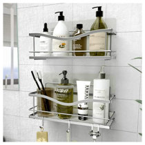 HapiRm Adhesive Shower Caddy Shower Organizer Shelf Build in Shampoo Holder,  No Drilling Rust Proof Stainless Steel Shower Storage Rack with 11 Hooks  for Hanging Shower Ball and Razor 