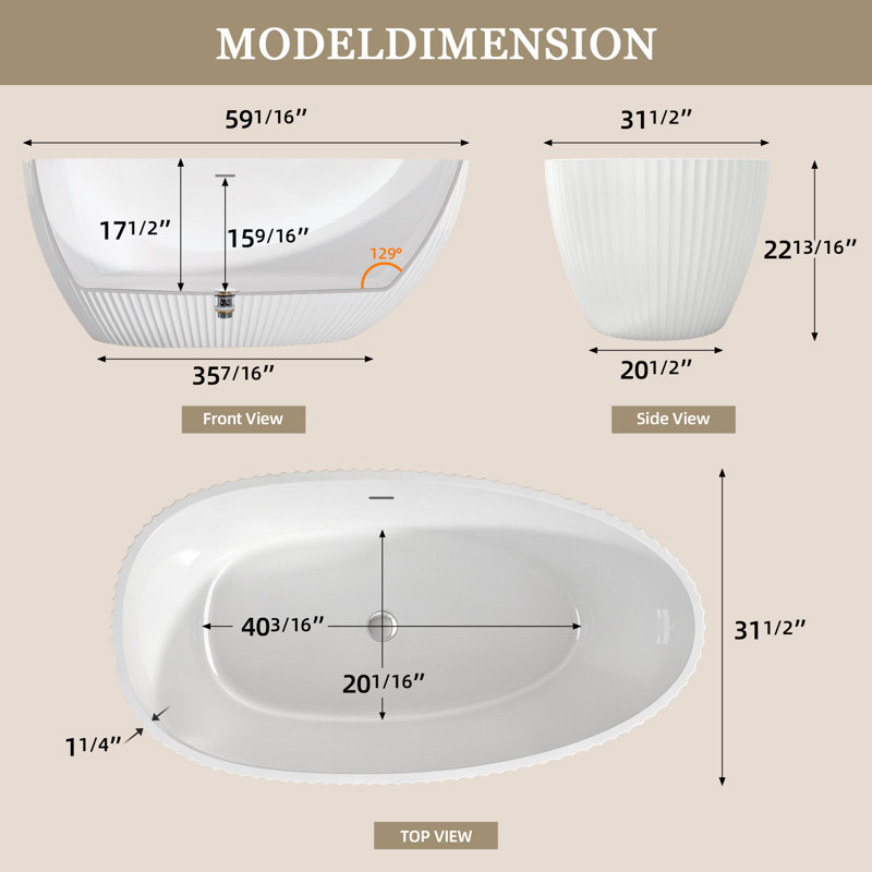 59" Modern Fluted Freestanding Soaking Bathtub, Oval Acrylic Stand Alone Tub with Integrated Overflow and Pop-Up Drain in White