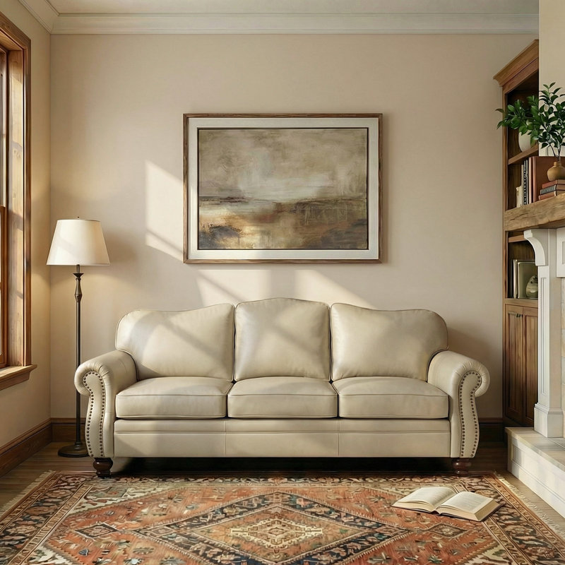 Eugene 81" Traditional Genuine Leather Sofa, Beige