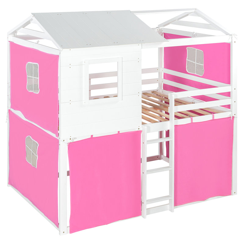 Lit double en bois avec tente, Rose