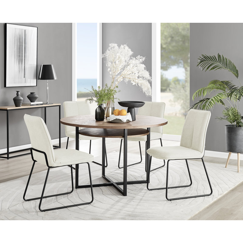 Round Concrete Effect & Black Legs Dining Table With Storage Shelf & 4 Luxury Velvet Dining Chairs, White