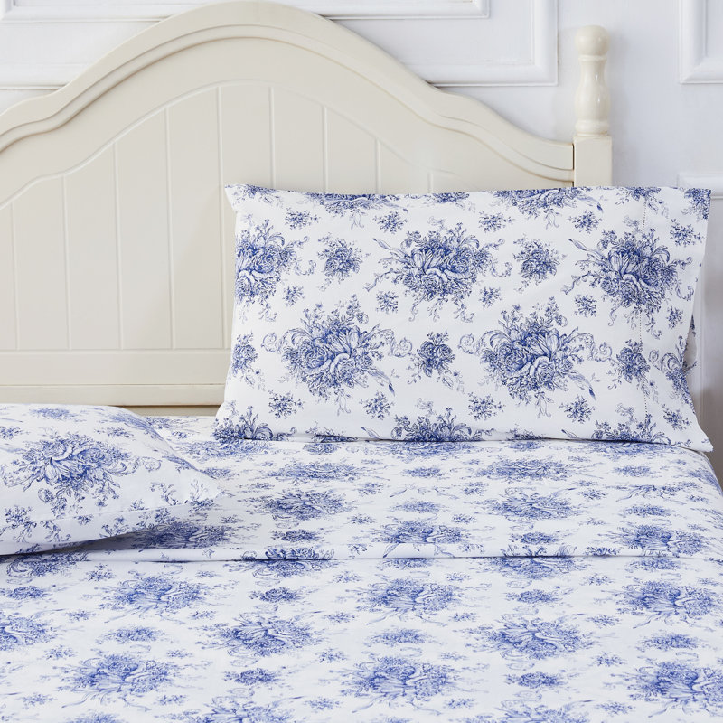 Petit Toile Printed Cotton Percale Sheet Set, Queen Sheet Set with 2 Standard Pillowcases, Navy