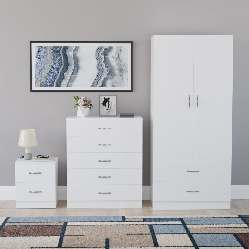 Maybery 3 Piece Bedroom Set (2 Drawer Bedside Chest, 5 Drawer Chest, 2 Door 2 Drawer Wardrobe), (4), White