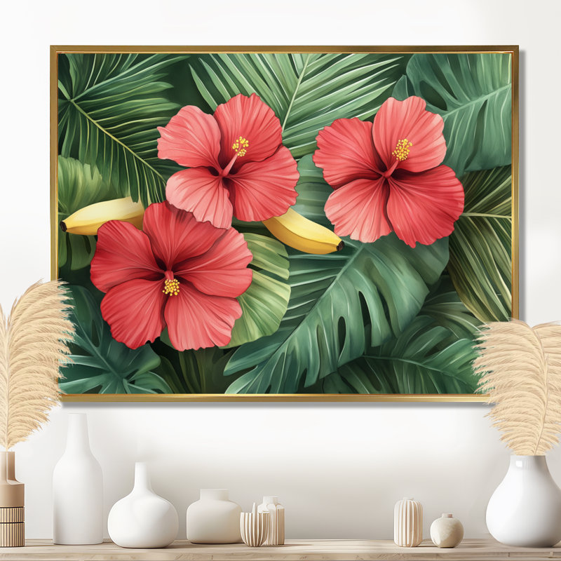Art mural hibiscus, toile fleur tropicale, Prou, H 12 po x l 20 po, Cadre flottant doré