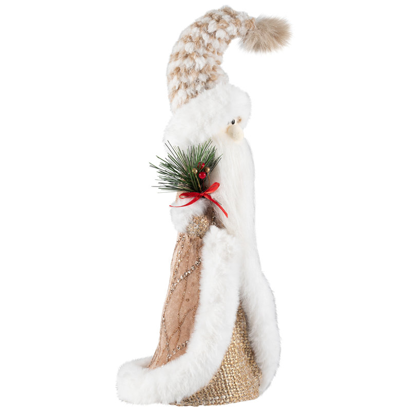 Santa Gnome Holding Pine Sprigs In Plush Winter Hat Christmas Figure - 19"