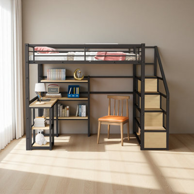 Full Size Metal Loft Bed With Staircase, Built-In Desk And Shelves
