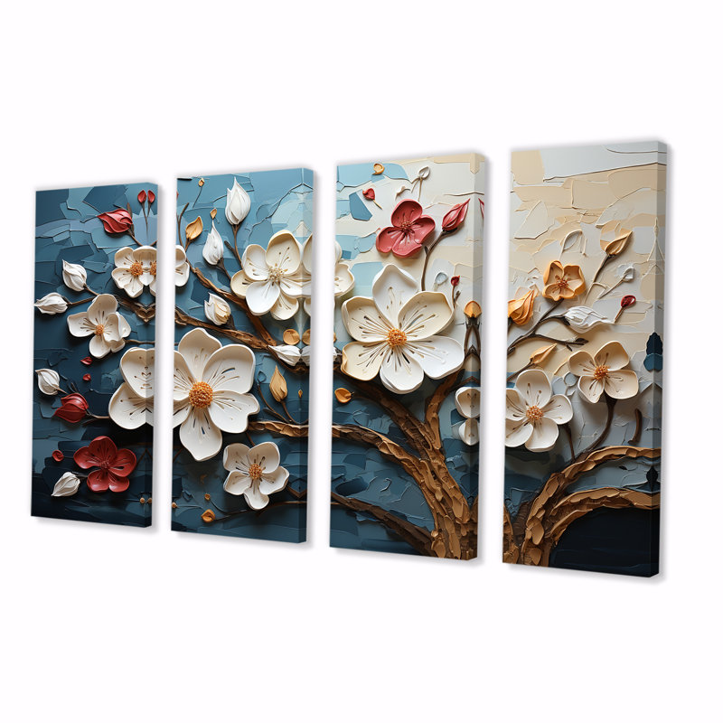 Arbre de pétales dynamiques et blancs IV - art floral abstrait 4 pièces, H 28 po x l 48 po
