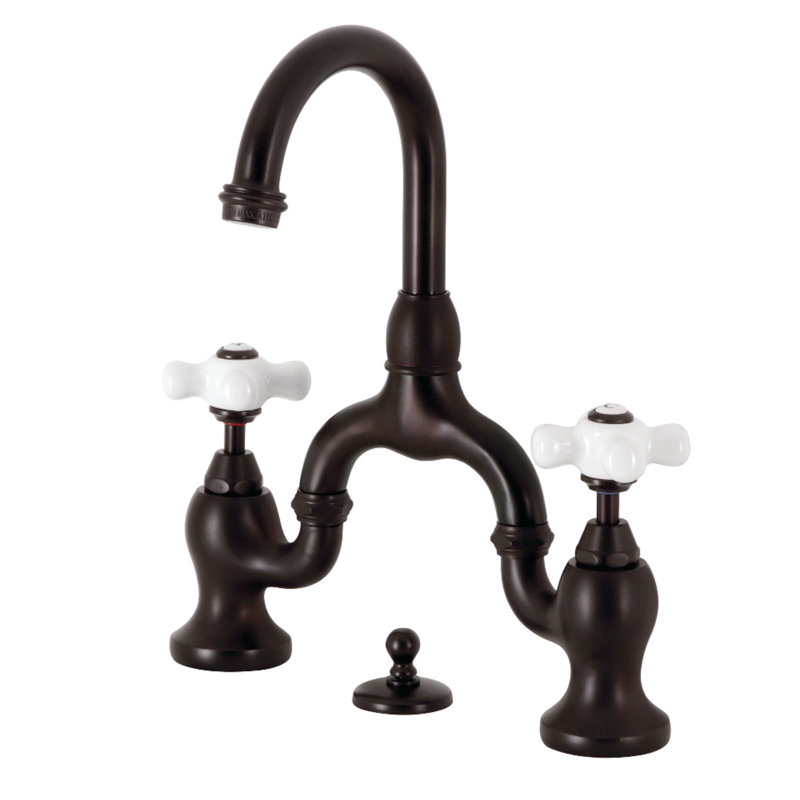 Kingston Brass English Country Two-Handle 3-Hole Deck Mount Bridge Bathroom Faucet with Brass Pop-Up, Oil Rubbed Bronze