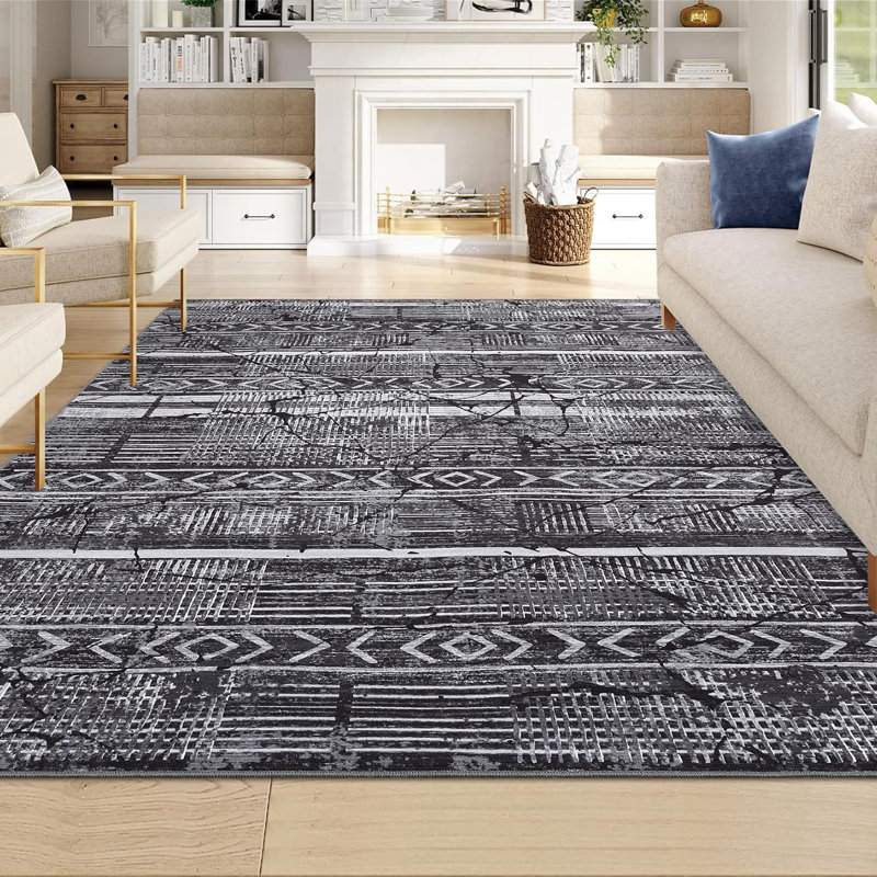 Tapis lavable 5 x 7 - Marbre vieilli style bohème gris clair clair pour le salon, la chambre à coucher, le bureau et la salle à manger.