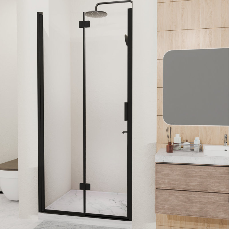 Porte de douche à charnière pliante semi-sans cadre et pivotante l 32-33,2 po x H 72 po, verre trempé 1/4 po (6 mm), panneau pliable pour salle de bain, installation réversible, noir mat