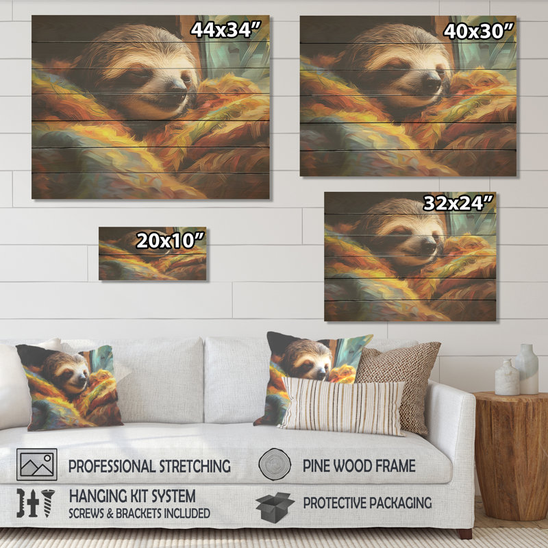 Sérénité paresseux gris et jaune - paresseux sur bois, H 30 po x l 40 po