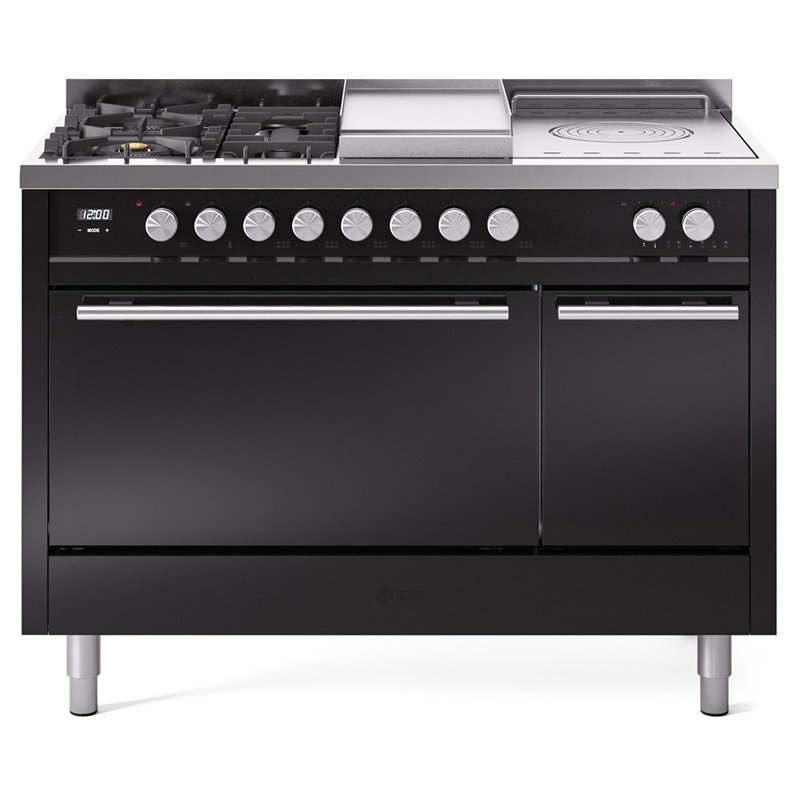 Cuisinière à double combustible ILVE Professional Plus II Series 48 po avec 5 brûleurs scellés, plaque de cuisson et table française (gaz naturel, porte pleine)