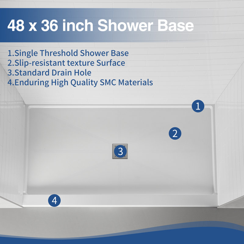 48" X 36" Square White Shower Base Center Drain, Non-Slip Design