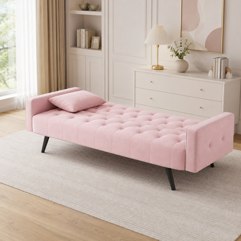 72" Pink Velvet Futons Tufted Living Room Couch Bed Convertible Sleeper Sofa Bed With Cup Holder For Bedroom Guest Bed 2 Seater Reclining Sofas Couches With Nailhead Trim For Small Space (pink)