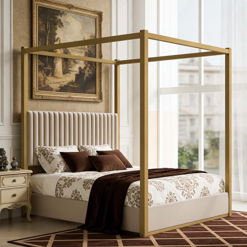 Lit plateforme à baldaquin avec tête de lit tapissier et structure en métal robuste, Beige, Très grand lit