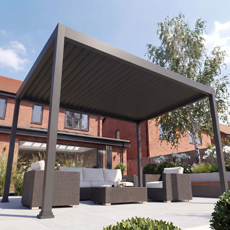 GRDN living 4m x 3m Aluminium Louvred Pergola with Adjustable Wide Blade Roof in Anthracite Grey, 4m x 3m