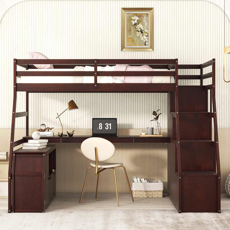 Modern Loft Bed With 7 Drawers 2 Shelves And Desk Multifunctional Furniture For Bedroom, Espresso, Twin