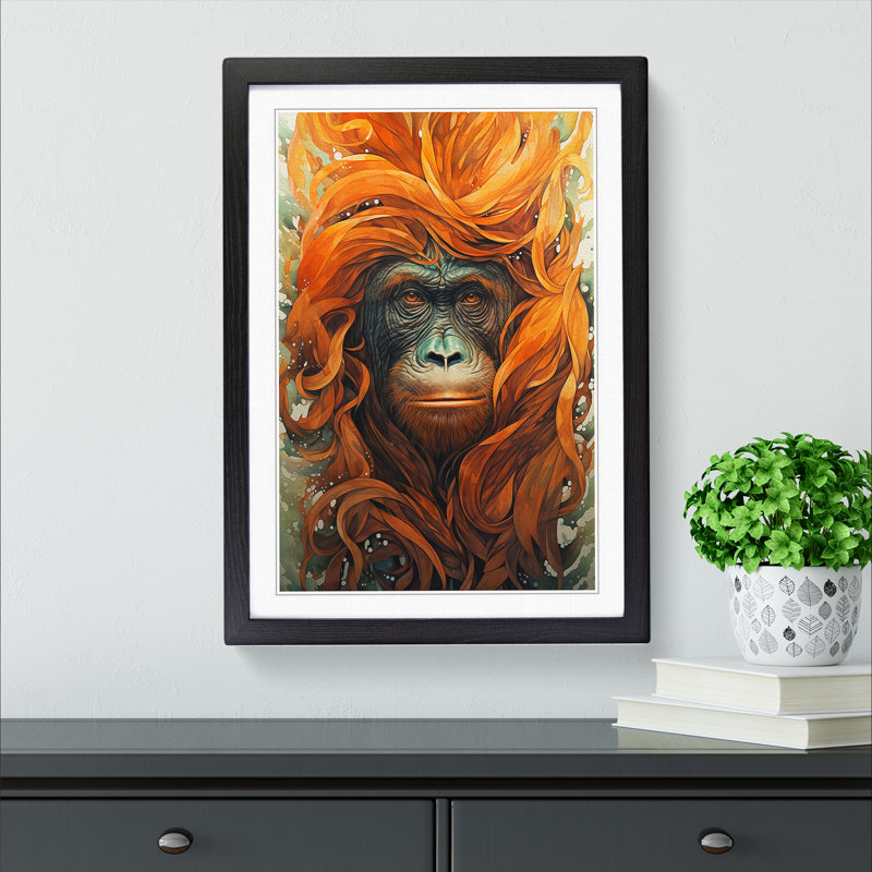 Orangutan Futurism - Single Picture Frame Print on Wood, 46cm H x 34cm W x 2cm D, Black