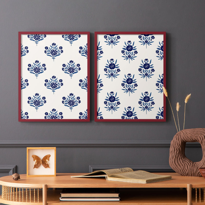 Motif de fleurs indigo I - impression encadrée de qualité supérieure - prêt à être accroché - aucun clou requis - aucun clou requis