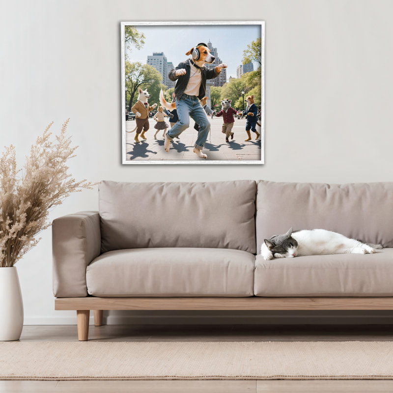 Giclée encadrée de style chien dansant dans un parc, design par CAD Designs, Encadrement giclée blanc côtier