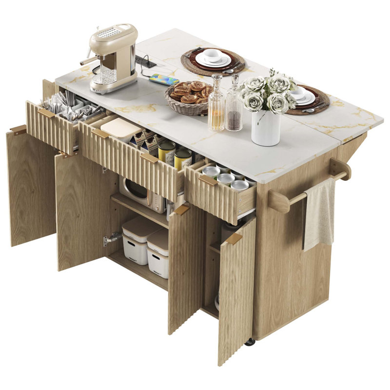 White 55.5" Rolling Fluted Kitchen Island, Nature/White