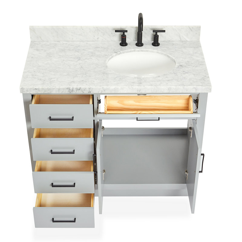 Meuble-lavabo simple en bois massif Tidworth de 42 po avec plateau en marbre de Carrare de 1,5 po, Oui, Ovale, Gris