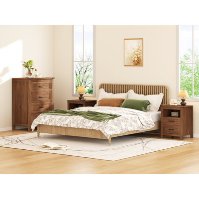 Farmhouse 3 Pieces Bedroom Set Include 4 Drawer Dresser And Nightstands Set Of 2, Rustic Brown