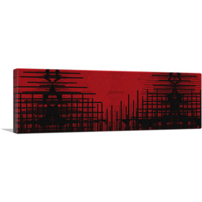 Lignes noires sur fond rouge moderne, reproduction d'art sur toile panoramique