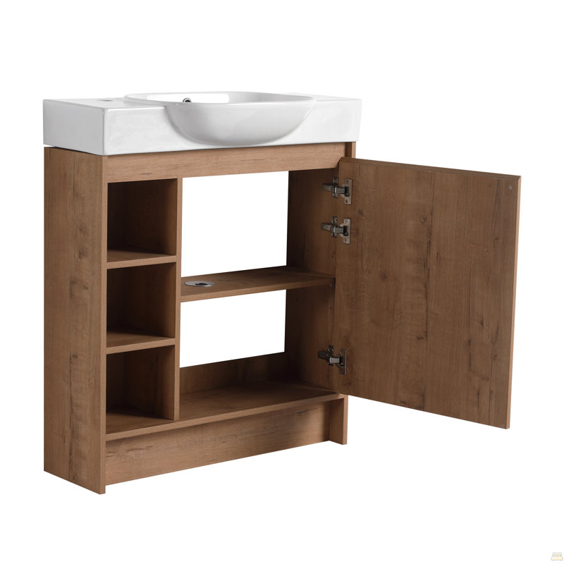 Meuble-lavabo autoportant de 30 po avec lavabo en céramique blanche et porte à fermeture en douceur, contreplaqué, emballage KD