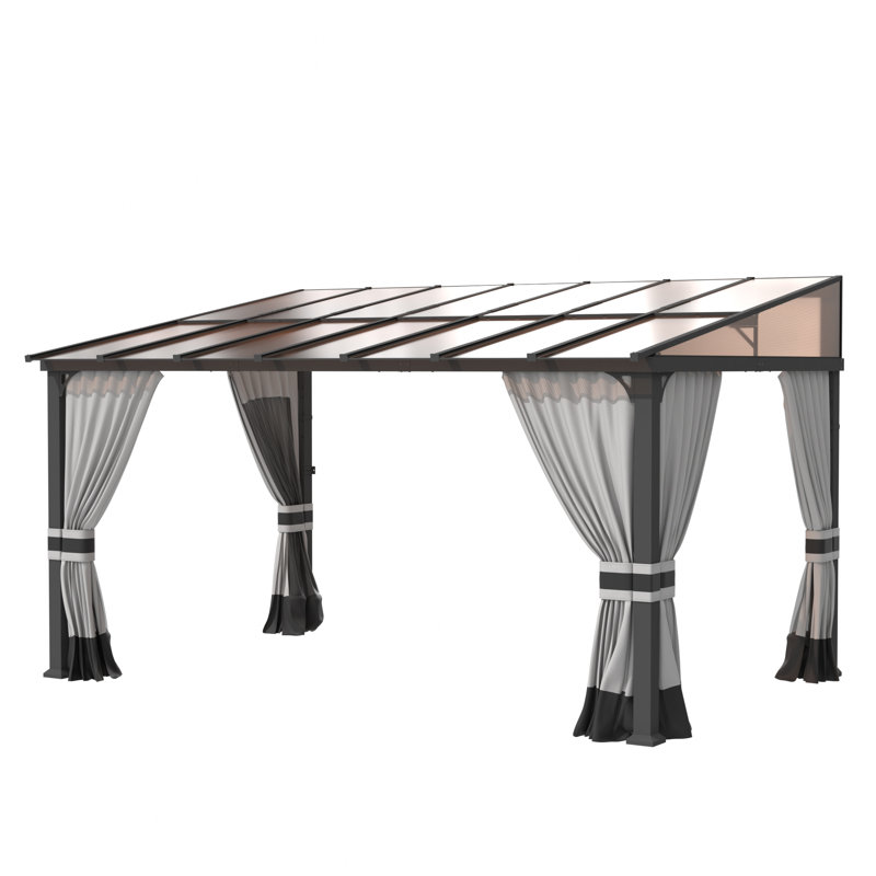 Modern Outdoor Slant-Top Hardtop Gazebo With Black Metal Frame And Curtains, 101.4" H x 170.1" W x 115.7" D