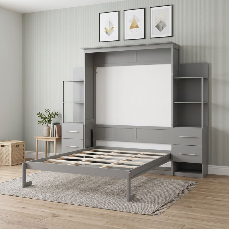 Lit escamotable avec tiroirs, tablettes et lumières DEL Murphy, Double, Gris
