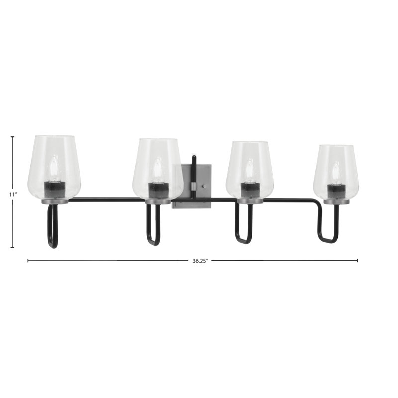 Barre d'éclairage de salle de bain 4 lumières Amarmula, noir mat et finition graphite, verre transparent de 5 po