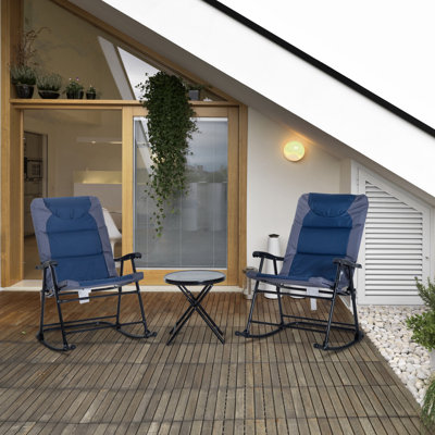3 Piece Outdoor Patio Furniture Set With Glass Coffee Table 2 Folding Padded Rocking Chairs