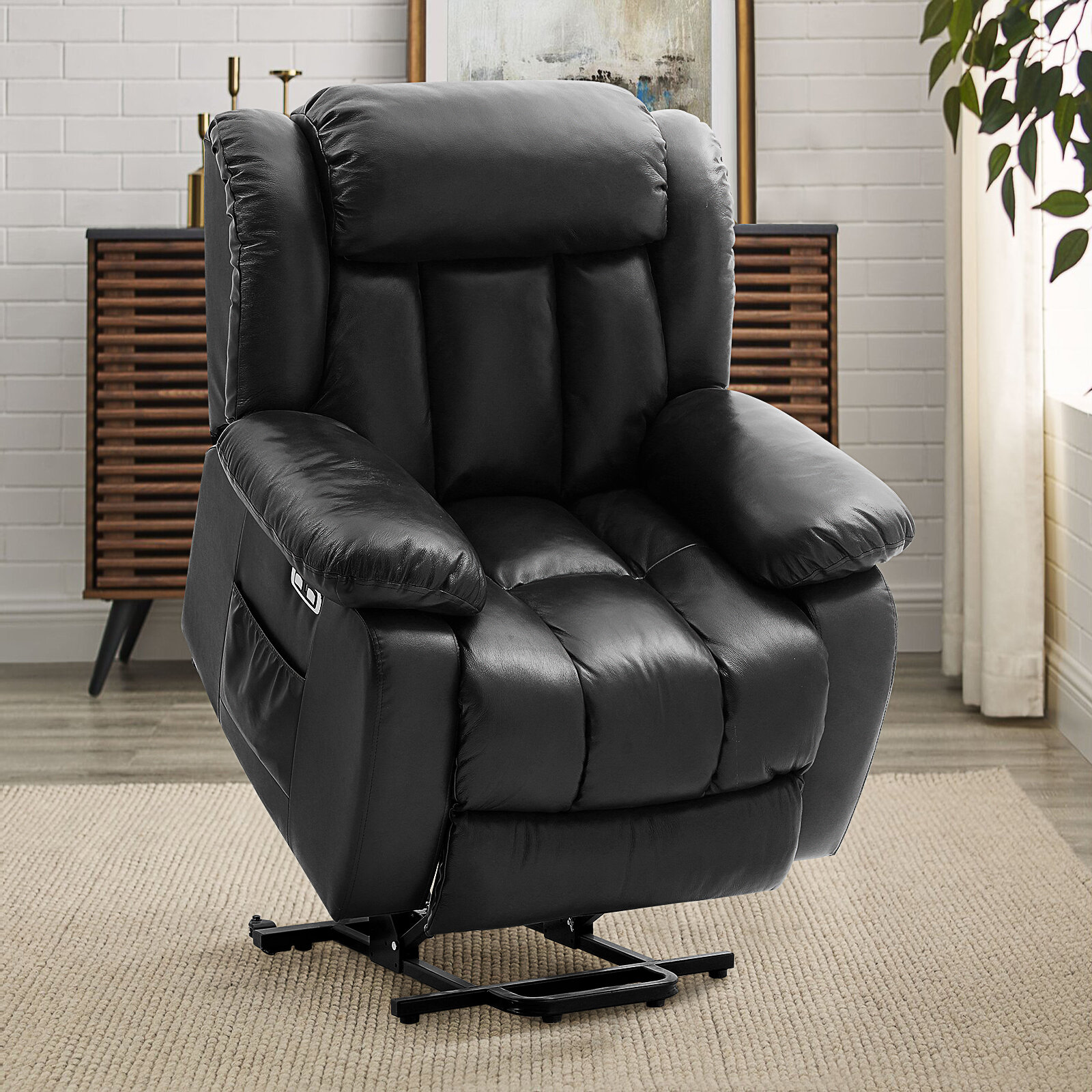 Creatuis Lift Chair with Adjustable Lumbar Support,Power Lift Recliner Chair for Elderly,Lays Flat,Three Okin Motor,Cup Holder,Leather(Black)