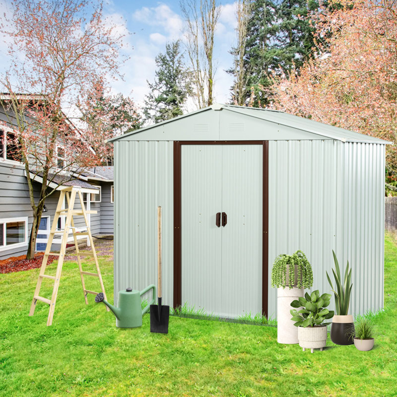 8Ft X 4Ft Metal Storage Shed With Corrosion Resistance And Hooks Outdoor Protected Steel Anchors, White
