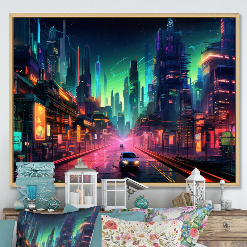 "Berlin Neon Cityscape I", reproduction d'art sur toile, H 30 po x l 40 po x P 1,5 po, Cadre naturel flottant